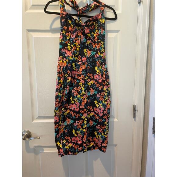 Unique Vintage Black Floral Pencil Tiki Flamingo Print Dress in Black Sz 6 #33 - Picture 7 of 7